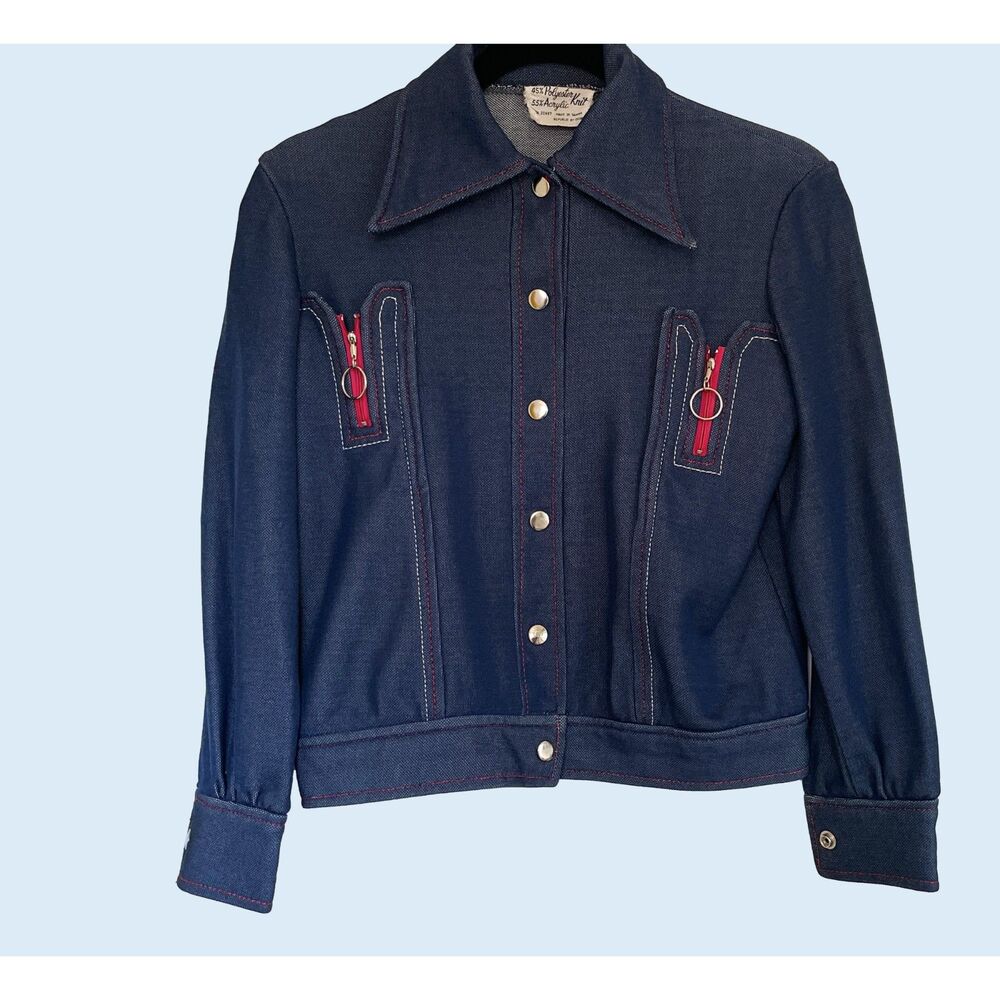 VTG Blue Knit Denim-look 70s jacket top pink accent zippers Med